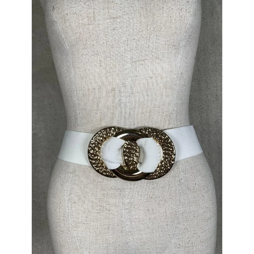 Vintage Statement Belt Womens Gold Accent White Elastic Waist 90s‎ Retro Wide